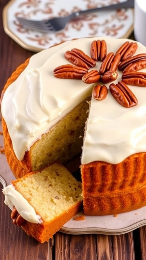 Butter Pecan Cake Mix Recipe A golden butter pecan cake topped with frosting and pecans, with a slice cut out, on a rustic table.